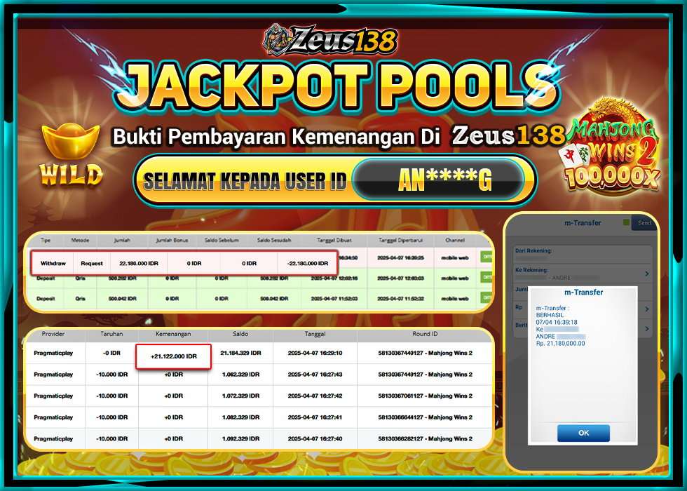 ZEUS138 JACKPOT MAHJONG WINS 2  Rp.21.2180.000,- LUNAS